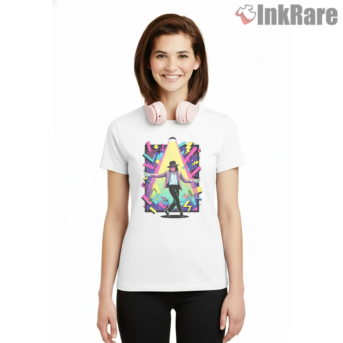 Michael Jackson Retro Neon Dance Poster Short Sleeve White Michael Jackson Retro Neon Dance Poster Shirt on white short sleeve shirt for women graphic tee
