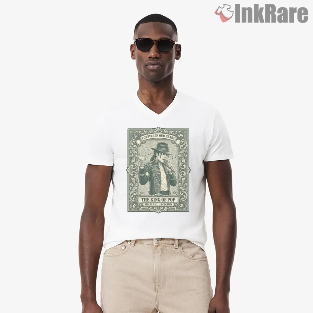 Michael Jackson Vintage King Of Pop Tribute Shirt on white v-neck shirt for men graphic tee