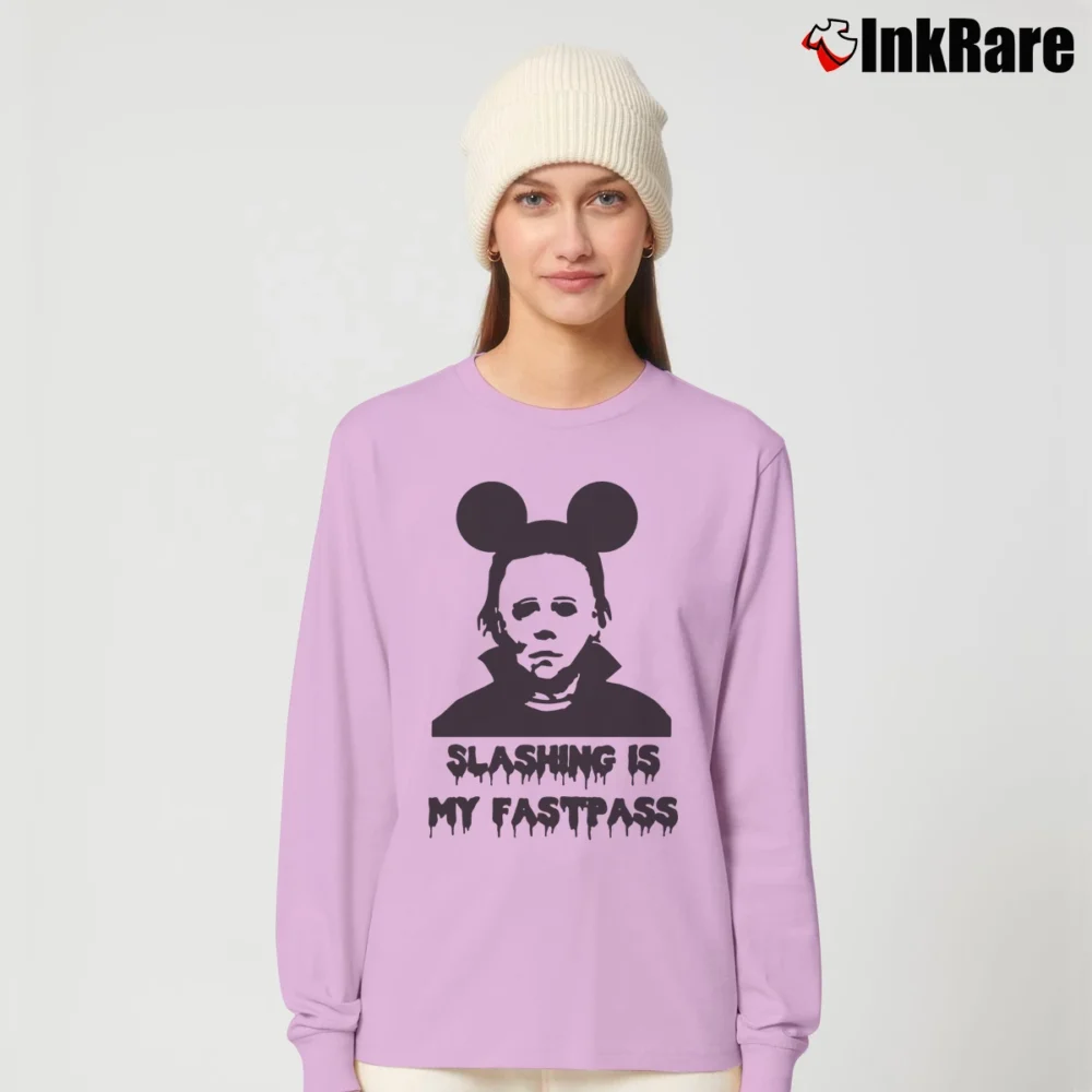 Women’s Michael Myers Fastpass Mickey Mouse Halloween Graphic Long-Sleeve Top in light pink | Sleek, Versatile, All-Season