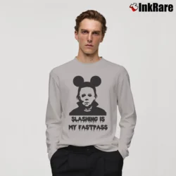 Men’s Michael Myers Fastpass Mickey Mouse Halloween Graphic Long-Sleeve Shirt in sport grey | Sleek, Lightweight, Year-Round Wear