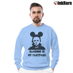 Men’s Michael Myers Fastpass Mickey Mouse Halloween Graphic Crewneck Sweatshirt in light blue | Cozy Fabric, Clean Style