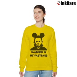 Women’s Michael Myers Fastpass Mickey Mouse Halloween Graphic Relaxed Sweatshirt in yellow | Soft, Laid-Back Vibe