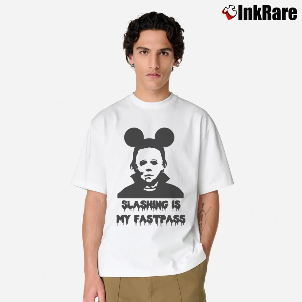 Men’s Michael Myers Fastpass Mickey Mouse Halloween Graphic Classic T-Shirt in white | Soft, Breathable Everyday Wear