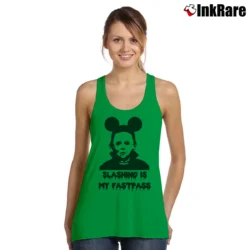Women’s Michael Myers Fastpass Mickey Mouse Halloween Graphic Tank Top in irish green | Lightweight, Movement-Friendly