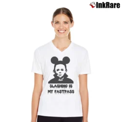 Women’s Michael Myers Fastpass Mickey Mouse Halloween Graphic V-Neck Tee in white | Chic Neckline, Soft Texture