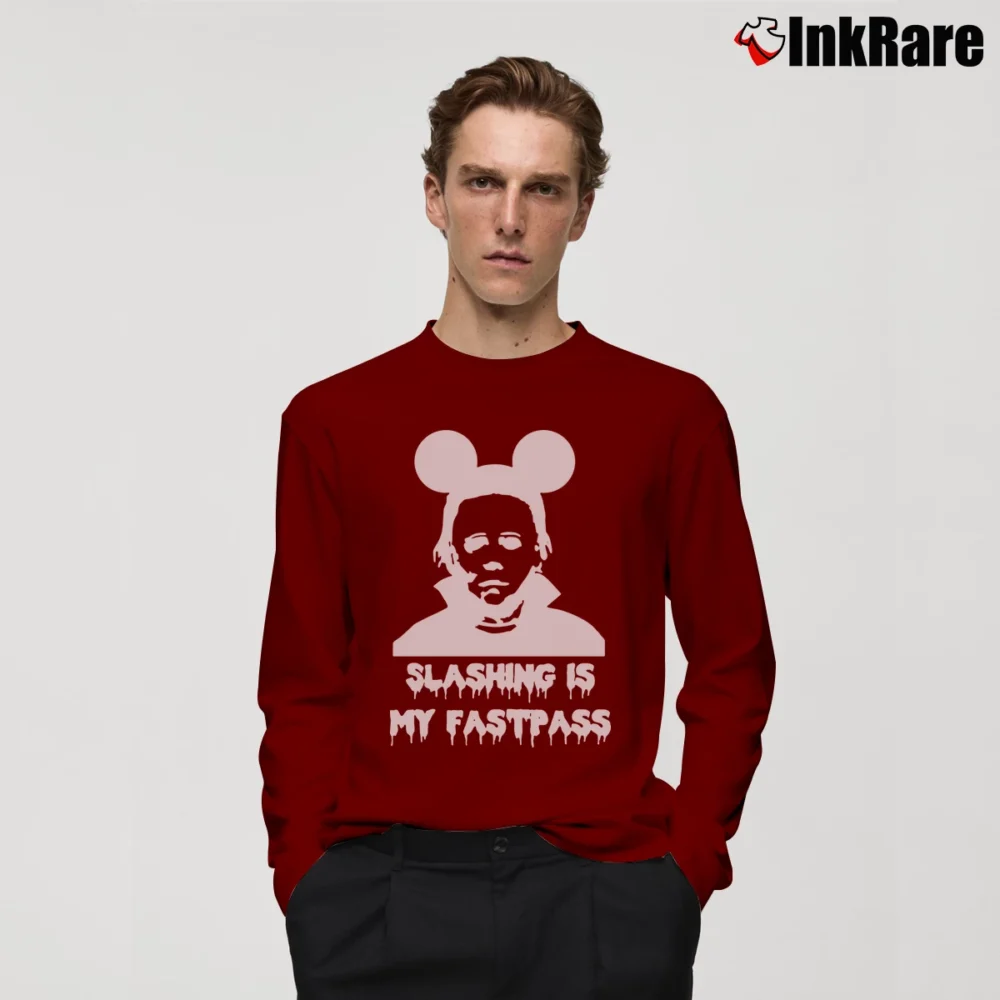 Men’s Michael Myers Fastpass Mickey Mouse Halloween Long-Sleeve Shirt in maroon | Sleek, Lightweight, Year-Round Wear