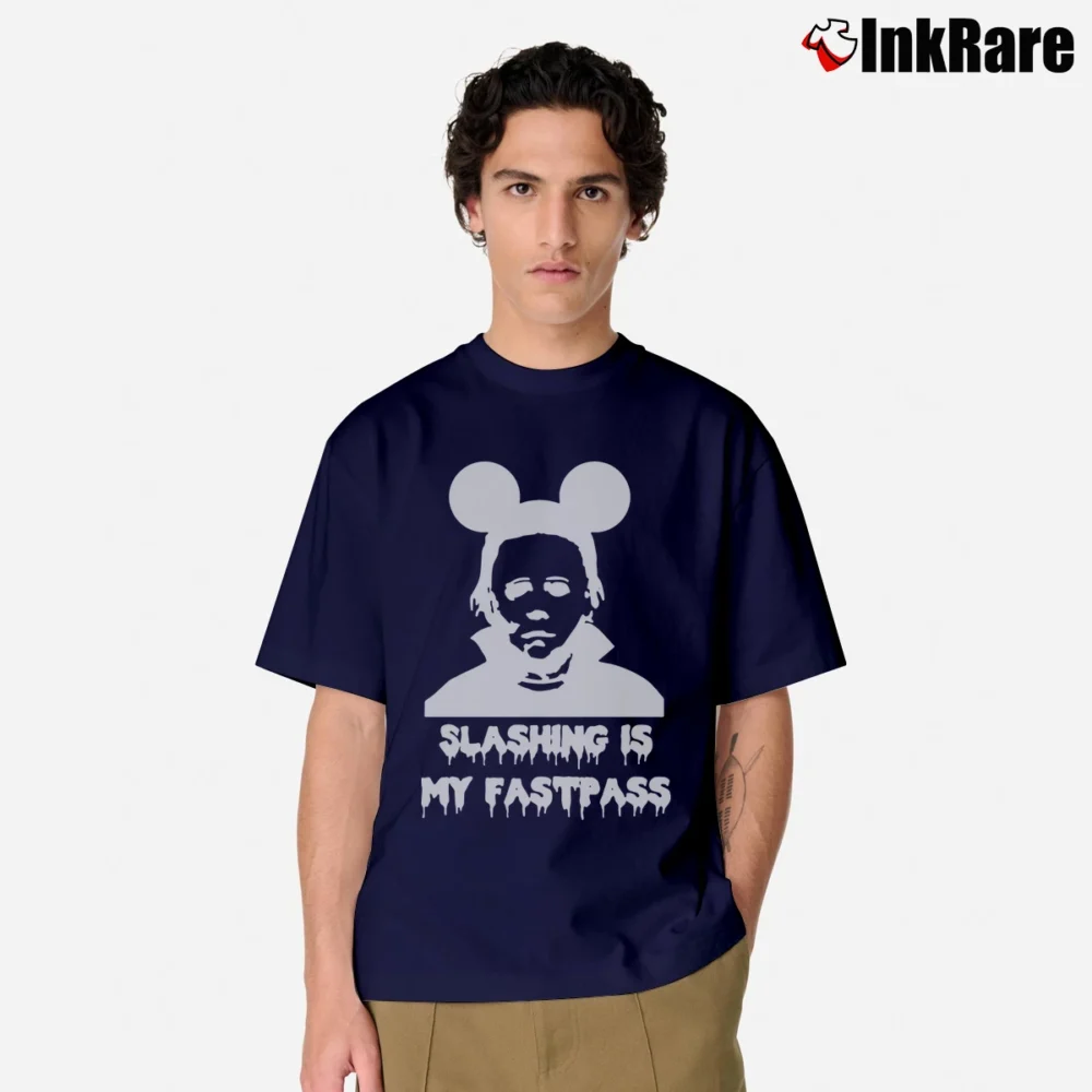 Men’s Michael Myers Fastpass Mickey Mouse Halloween Classic T-Shirt in navy | Soft, Breathable Everyday Wear