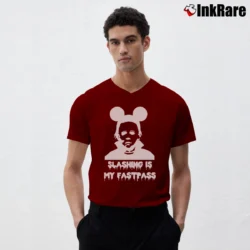 Men’s Michael Myers Fastpass Mickey Mouse Halloween V-Neck Tee in maroon | Sharp, Breathable, Everyday Staple