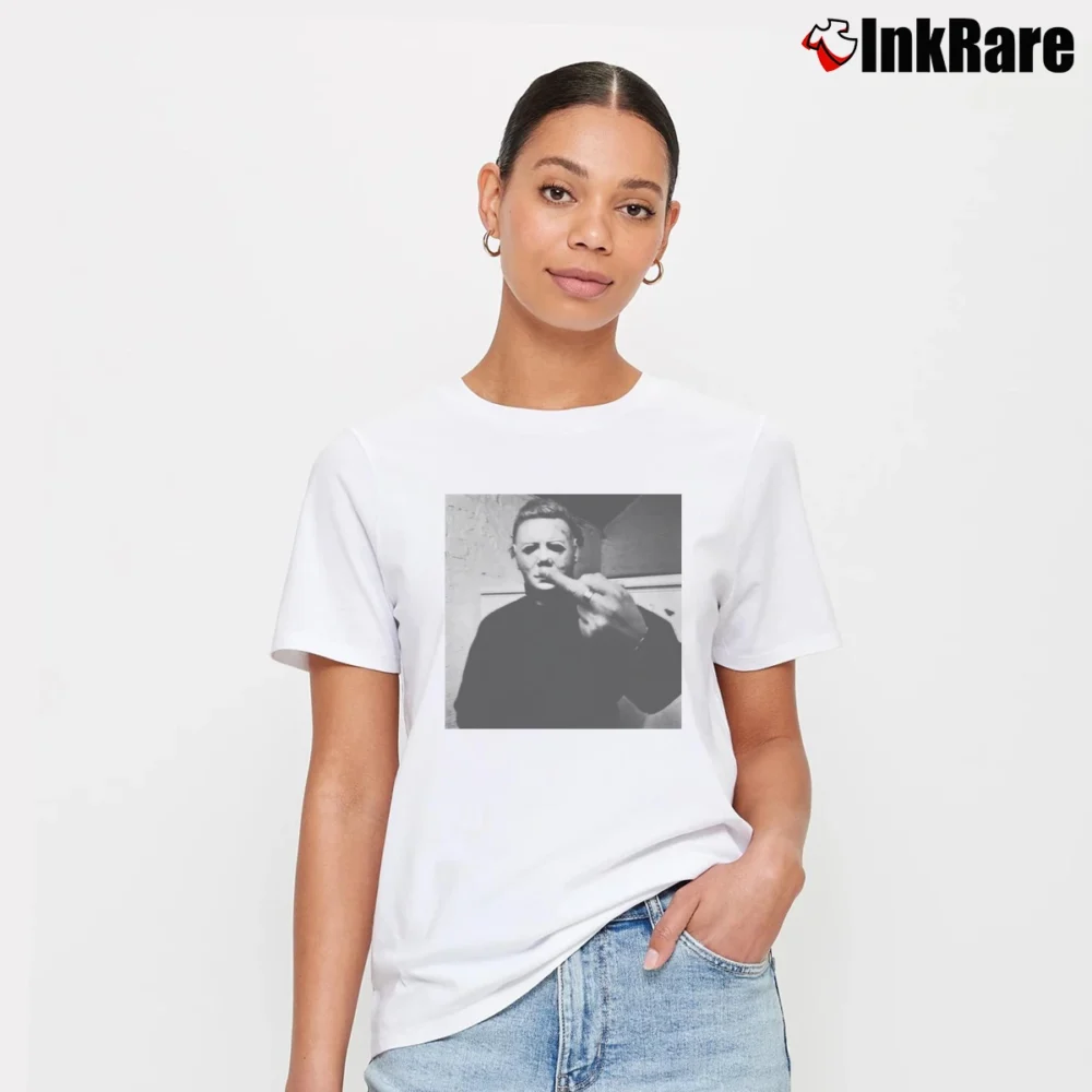 Women’s Michael Myers Halloween Middle Finger Horror Movie Signature T-Shirt in white | Soft, Flattering Fit
