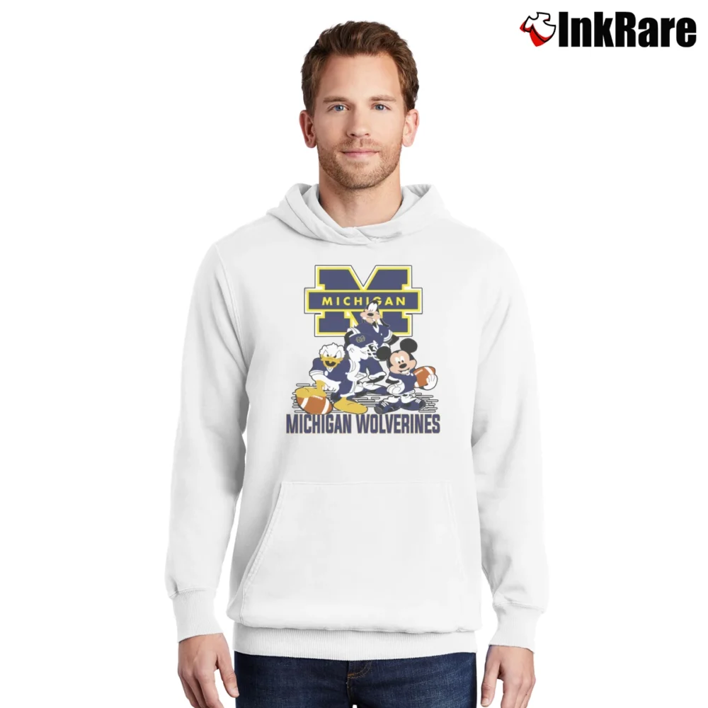 Men’s Michigan Wolverines Mickey Donald Goofy Football Pullover Hoodie in white | Cozy, Durable, Modern Fit