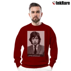 Men’s Mick Jagger Mugshot Rock Legend Crewneck Sweatshirt in maroon | Cozy Fabric, Clean Style