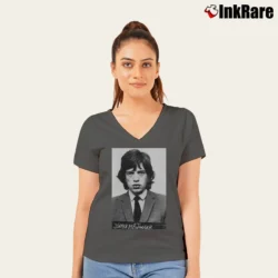 Women’s Mick Jagger Mugshot Rock Legend V-Neck Tee in charcoal | Chic Neckline, Soft Texture