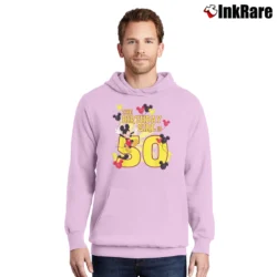 Men’s Mickey And Friends 50th Birthday Girl Pullover Hoodie in light pink | Cozy, Durable, Modern Fit