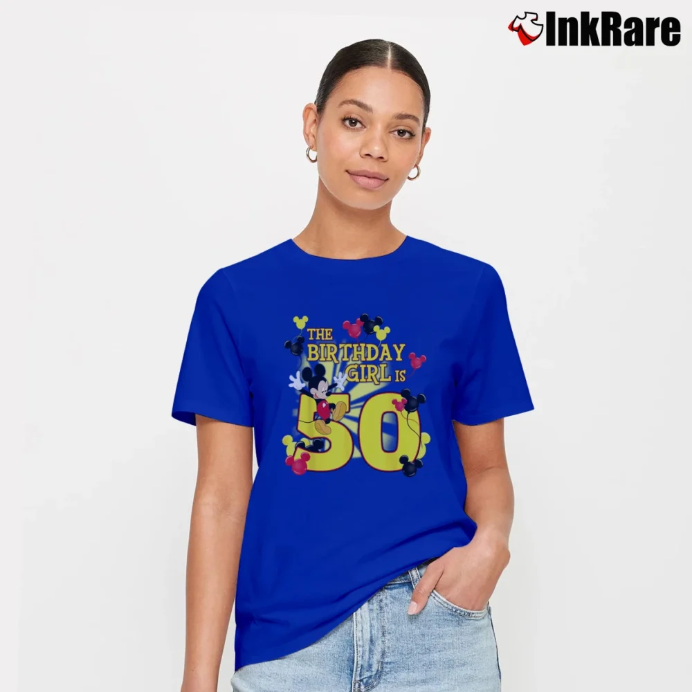 Women’s Mickey And Friends 50th Birthday Girl Signature T-Shirt in royal blue | Soft, Flattering Fit
