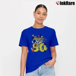 Women’s Mickey And Friends 50th Birthday Girl Signature T-Shirt in royal blue | Soft, Flattering Fit