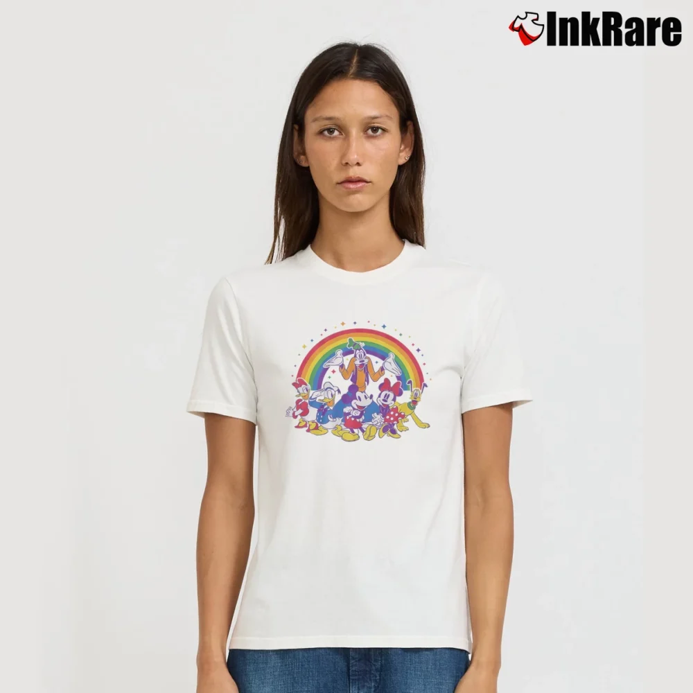 Women’s Mickey And Friends Rainbow Pride Disney Signature T-Shirt in white | Soft, Flattering Fit
