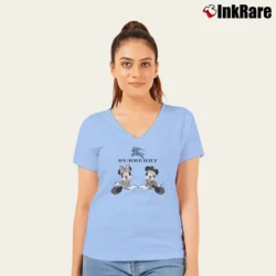 Women’s Mickey And Minnie Disneyland Burberry Logo V-Neck Tee in light blue | Chic Neckline, Soft Texture