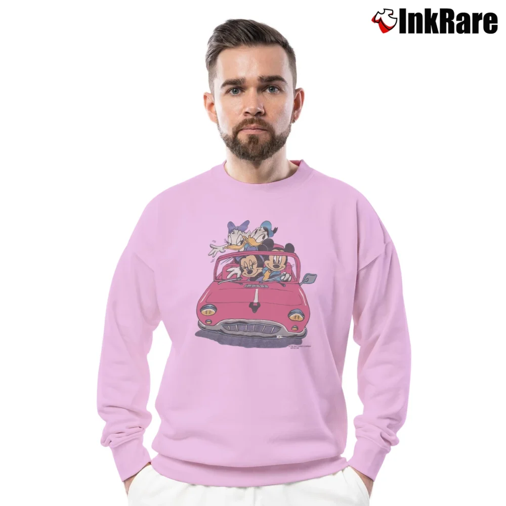 Men’s Mickey And Minnie With Donald And Daisy In Car Ride Vintage Disney Graphic Crewneck Sweatshirt in light pink | Cozy Fabric, Clean Style