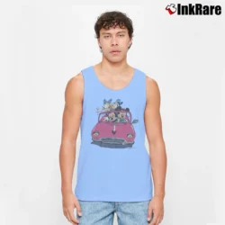 Men’s Mickey And Minnie With Donald And Daisy In Car Ride Vintage Disney Graphic Tank Top in light blue | Breathable, Active-Friendly Design