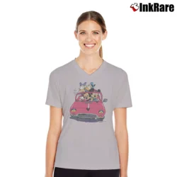 Women’s Mickey And Minnie With Donald And Daisy In Car Ride Vintage Disney Graphic V-Neck Tee in sport grey | Chic Neckline, Soft Texture