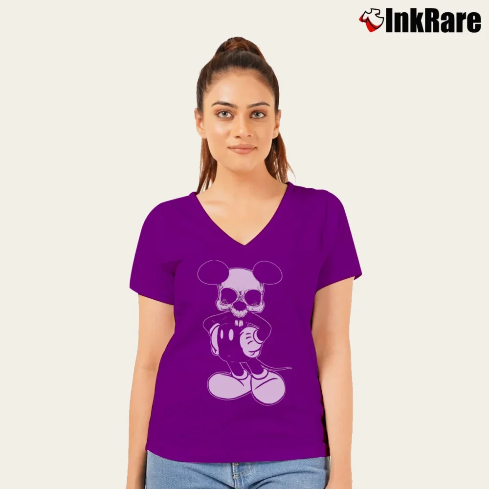 Women’s Mickey Dead Mouse Skull Tattoo Art V-Neck Tee in purple | Chic Neckline, Soft Texture