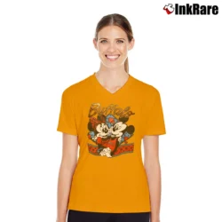 Women’s Mickey Minnie Buffalo Bills Football Fan V-Neck Tee in orange | Chic Neckline, Soft Texture