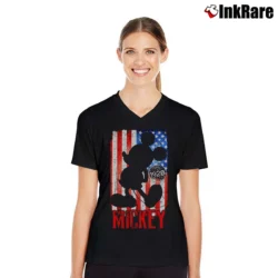 Women’s Mickey Mouse American Flag 1928 Graphic V-Neck Tee in black | Chic Neckline, Soft Texture