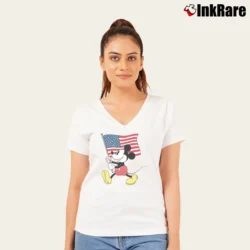 Women’s Mickey Mouse American Flag Disney Gift V-Neck Tee in white | Chic Neckline, Soft Texture