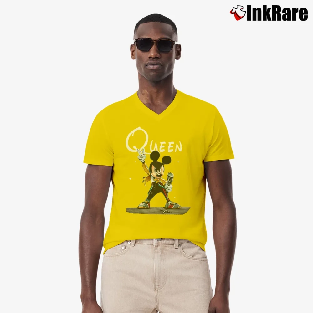 Men’s Mickey Mouse As Freddie Mercury Funny Queen V-Neck Tee in yellow | Sharp, Breathable, Everyday Staple