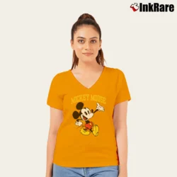 Women’s Mickey Mouse Big Logo Cartoon Funny V-Neck Tee in orange | Chic Neckline, Soft Texture