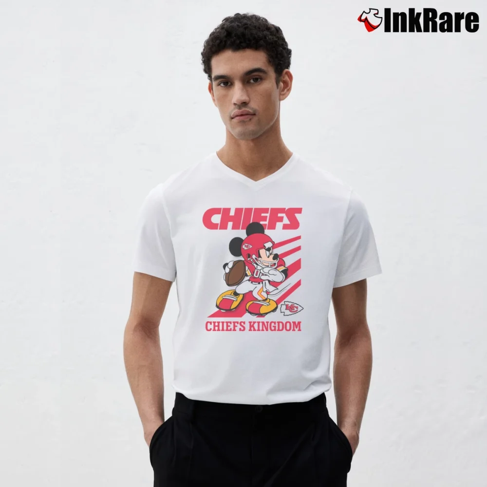 Men’s Mickey Mouse Chiefs Kingdom Graphic V-Neck Tee in white | Sharp, Breathable, Everyday Staple