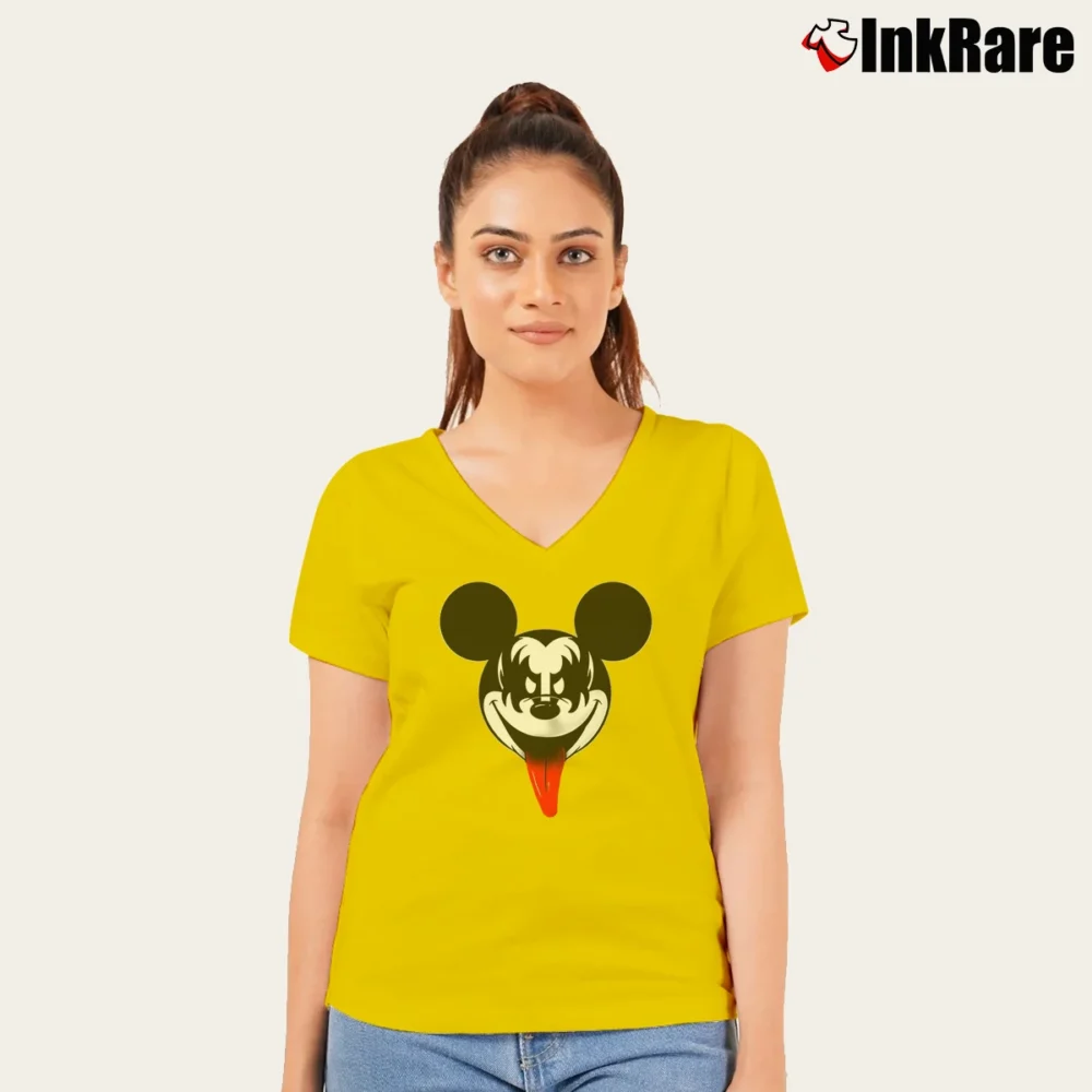 Women’s Mickey Mouse Gene Simmons Kiss Mashup V-Neck Tee in yellow | Chic Neckline, Soft Texture