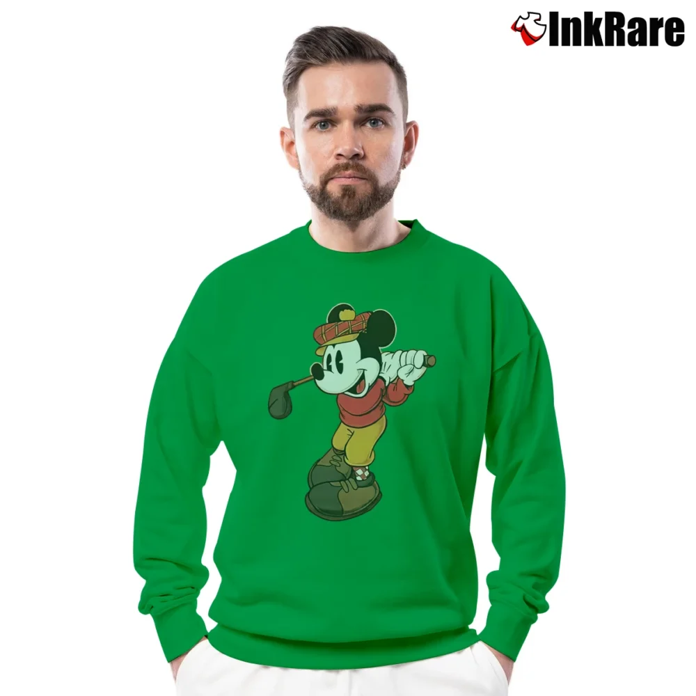 Men’s Mickey Mouse Golfing Cartoon Walt Disney Crewneck Sweatshirt in irish green | Cozy Fabric, Clean Style