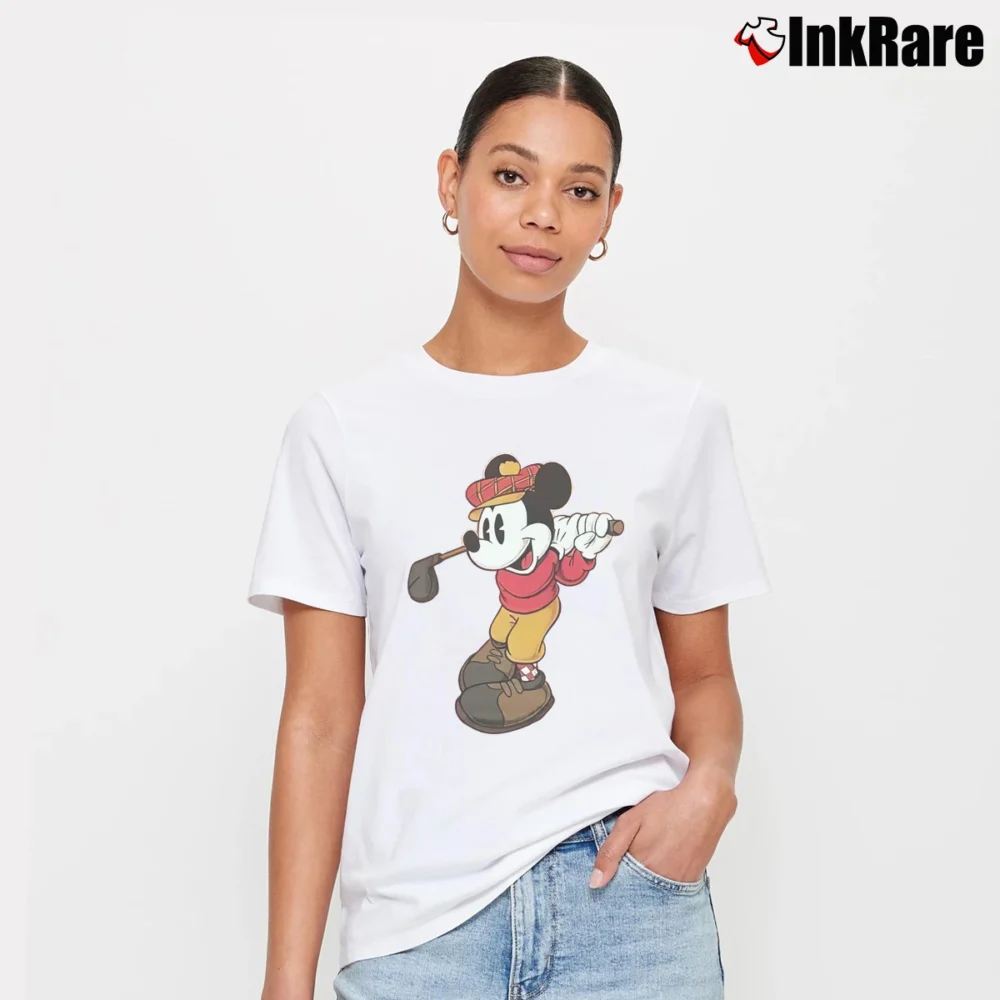 Women’s Mickey Mouse Golfing Cartoon Walt Disney Signature T-Shirt in white | Soft, Flattering Fit