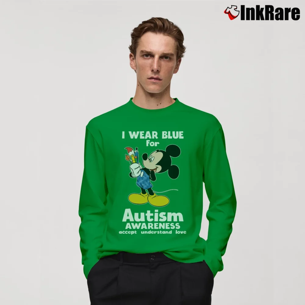 Men’s Mickey Mouse I Wear Blue Autism Awareness Long-Sleeve Shirt in irish green | Sleek, Lightweight, Year-Round Wear