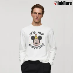 Men’s Mickey Mouse It's My Birthday Cute Face Classic Long-Sleeve Shirt in white | Sleek, Lightweight, Year-Round Wear