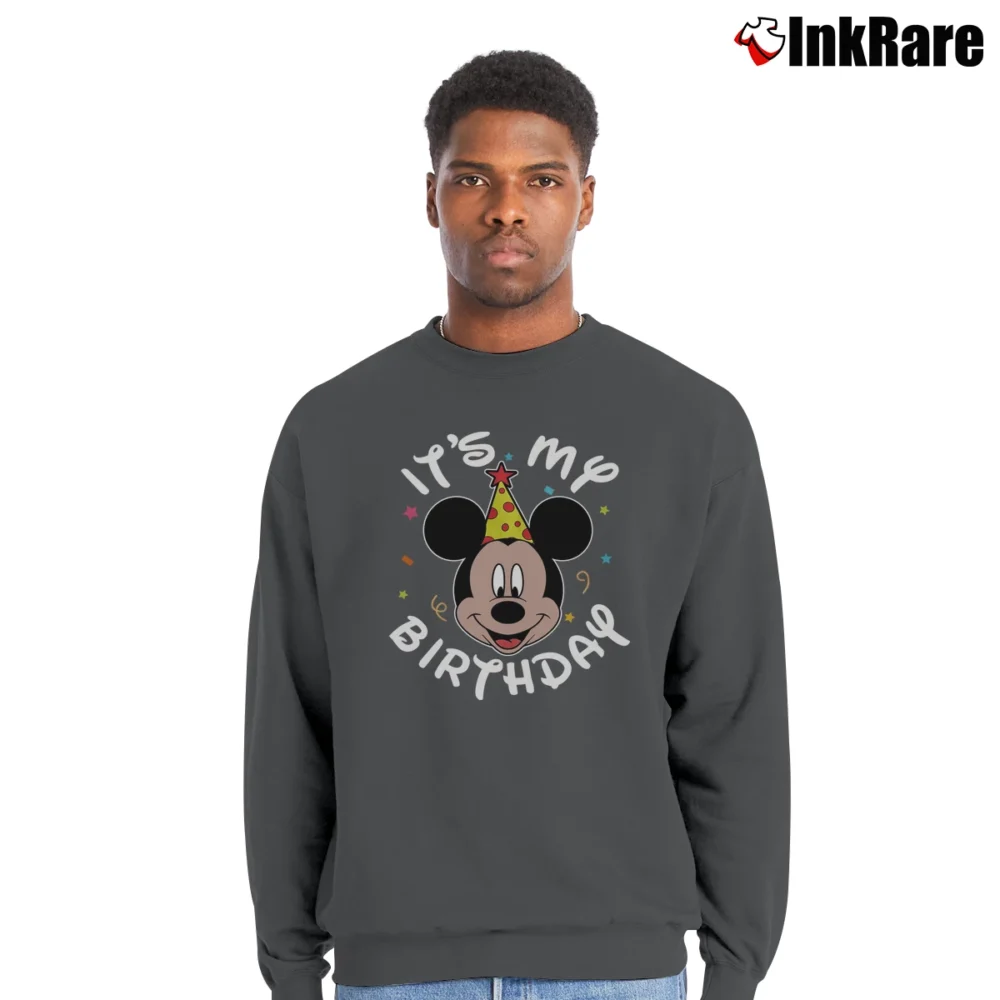 Men’s Mickey Mouse It's My Birthday Cute Face Crewneck Sweatshirt in charcoal | Cozy Fabric, Clean Style