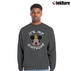 Men’s Mickey Mouse It's My Birthday Cute Face Crewneck Sweatshirt in charcoal | Cozy Fabric, Clean Style