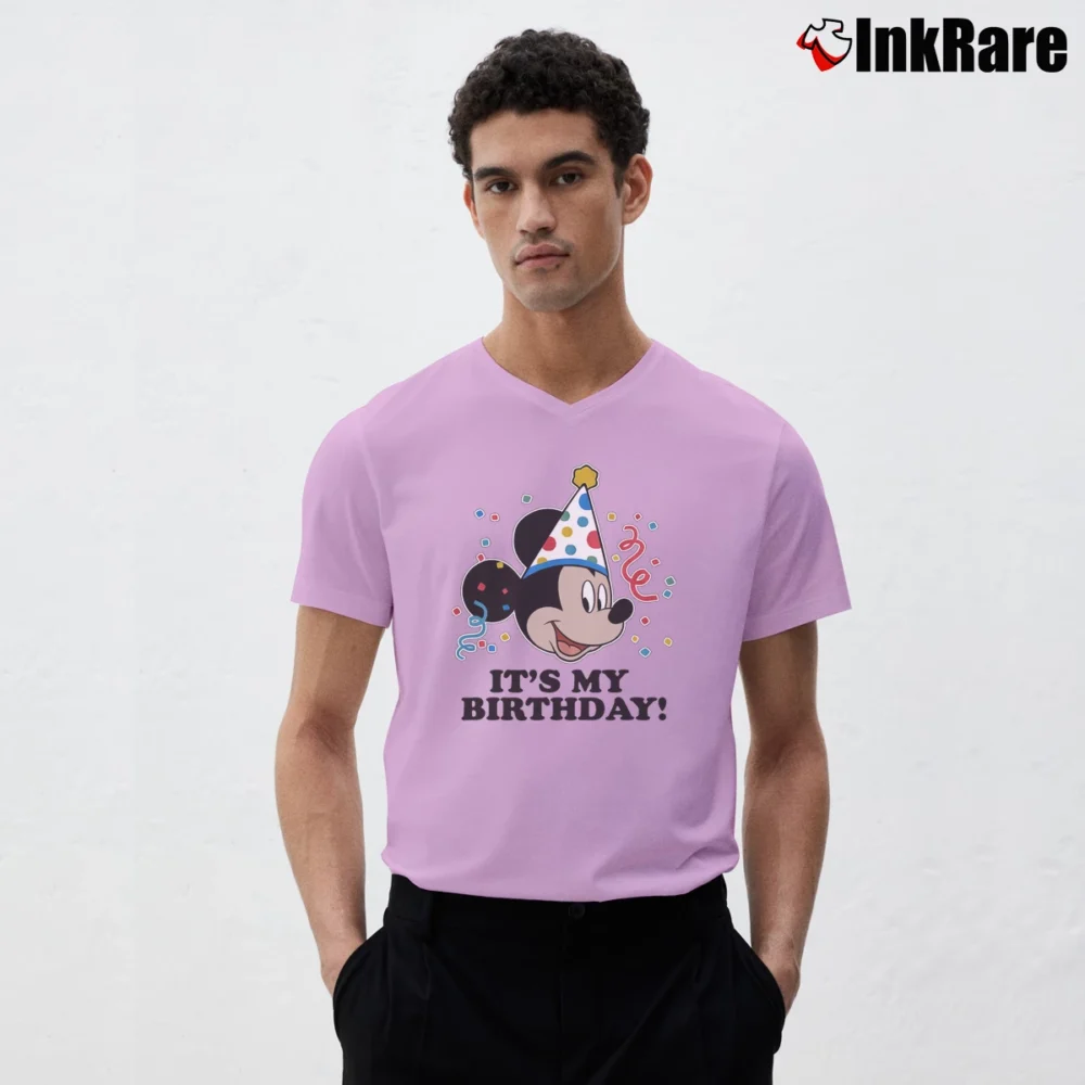 Men’s Mickey Mouse It's My Birthday Retro Face Classic V-Neck Tee in light pink | Sharp, Breathable, Everyday Staple