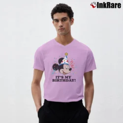 Men’s Mickey Mouse It's My Birthday Retro Face Classic V-Neck Tee in light pink | Sharp, Breathable, Everyday Staple