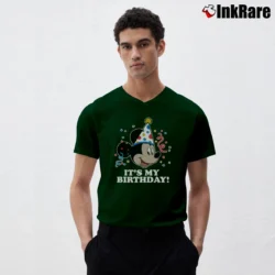 Men’s Mickey Mouse It's My Birthday Retro Face V-Neck Tee in forest green | Sharp, Breathable, Everyday Staple