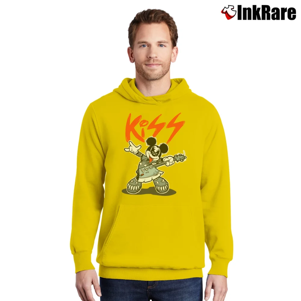 Men’s Mickey Mouse Kiss Rock Music Pullover Hoodie in yellow | Cozy, Durable, Modern Fit