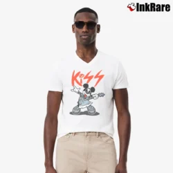 Men’s Mickey Mouse Kiss Rock Music V-Neck Tee in white | Sharp, Breathable, Everyday Staple