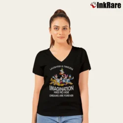 Women’s Mickey Mouse Laughter Is Timeless Dreams Forever V-Neck Tee in black | Chic Neckline, Soft Texture