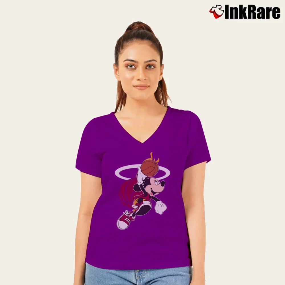 Women’s Mickey Mouse Miami Heat Basketball V-Neck Tee in purple | Chic Neckline, Soft Texture