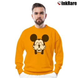 Men’s Mickey Mouse Middle Finger Cartoon Crewneck Sweatshirt in orange | Cozy Fabric, Clean Style