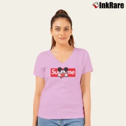 Women’s Mickey Mouse Middle Finger Graphic V-Neck Tee in light pink | Chic Neckline, Soft Texture