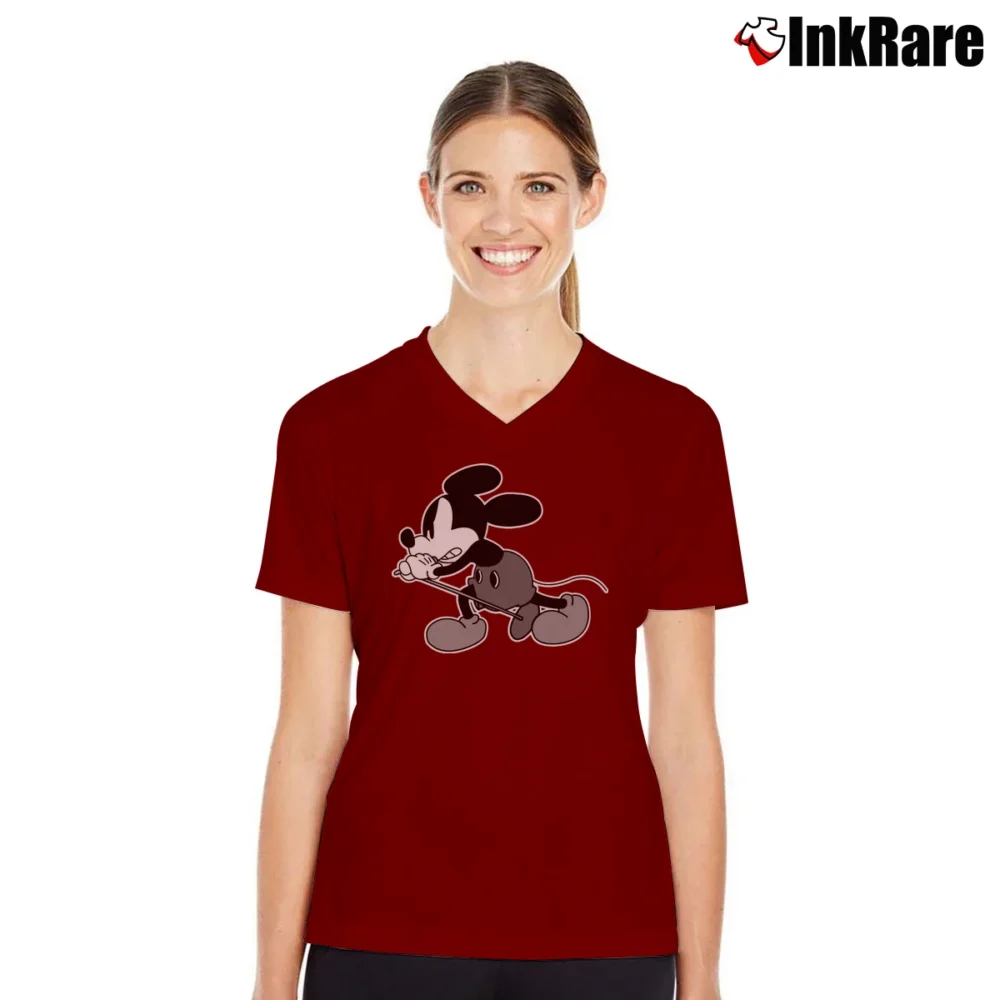 Women’s Mickey Mouse Number Nine Rockstar Disney V-Neck Tee in maroon | Chic Neckline, Soft Texture