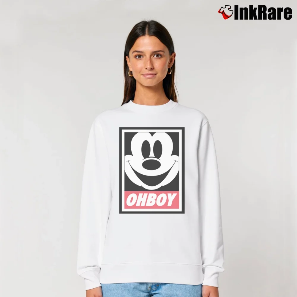Women’s Mickey Mouse Oh Boy Walt Disney Cartoon Relaxed Sweatshirt in white | Soft, Laid-Back Vibe