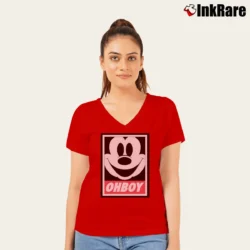 Women’s Mickey Mouse Oh Boy Walt Disney Cartoon V-Neck Tee in red | Chic Neckline, Soft Texture